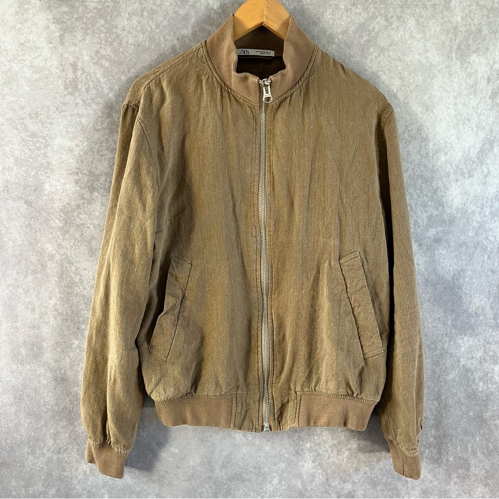 Zara Bomber Jacket Women M Light Brown Linen Cotton Zip Relaxed Fitted Coastal